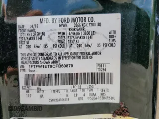 2012 Ford F-150 XL with VIN 1FTFW1ET9CFB60879, listed as a Copart auction lot 60783555 with 175,255 mi miles and Salvage title. Bid and sale history available at DreamBid. Image 13.