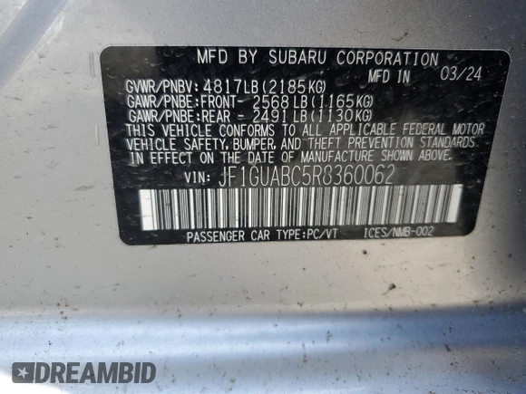 2024 Subaru Impreza с VIN JF1GUABC5R8360062, выставлен на аукционе Copart как лот 51408655 с пробегом 9 020 миль миль и Списание • Salvage title. История ставок и продаж доступна на DreamBid. Изображение 12.