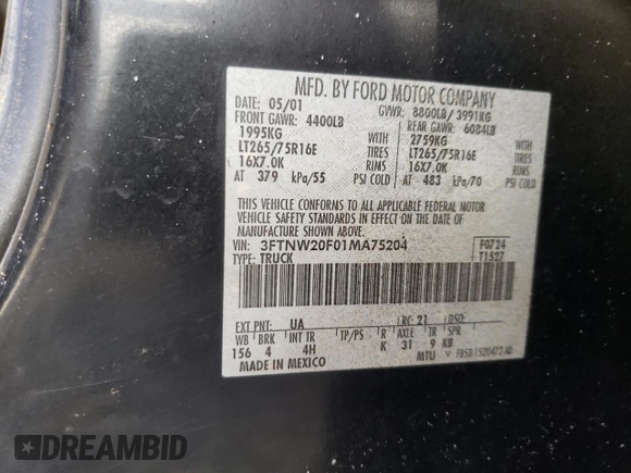 2001 Ford Super Duty F-250 XL with VIN 3FTNW20F01MA75204, listed as a Copart auction lot 75667154 with 0 mi miles and Salvage Title. Bid and sale history available at carsss.com. Image 13.