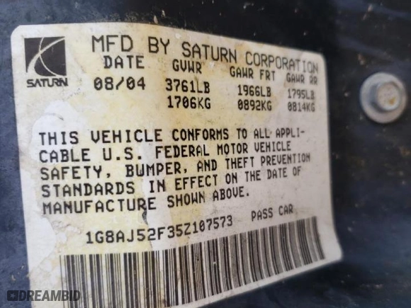 2005 Saturn ION with VIN 1G8AJ52F35Z107573, listed as a Copart auction lot 49097012 with 0 mi miles and Salvage Title. Bid and sale history available at carsss.com. Image 10.