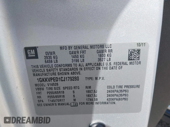 2012 GMC Acadia SLE with VIN 1GKKVPED1CJ179280, listed as a IAAI auction lot 42576170 with 176,422 mi miles and . Bid and sale history available at DreamBid. Image 9.