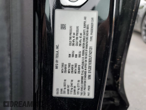 2020 Tesla Model 3 Long Range with VIN 5YJ3E1EB2LF742131, listed as a Copart auction lot 54456355 with 7,955 mi miles and Clean Title. Bid and sale history available at carsss.com. Image 12.