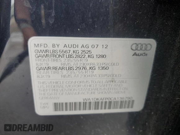 2012 Audi Q5 Premium Plus with VIN WA1DKAFP0CA136790, listed as a Copart auction lot 54341785 with 94,101 mi miles and Salvage title. Bid and sale history available at DreamBid. Image 12.
