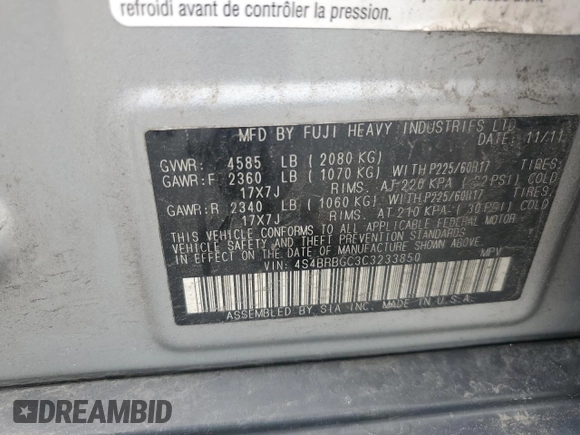 2012 Subaru Outback Prem with VIN 4S4BRBGC3C3233850, listed as a Copart auction lot 61609365 with 149,134 mi miles and Salvage title. Bid and sale history available at DreamBid. Image 12.