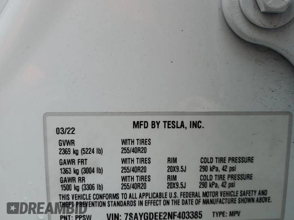 2022 Tesla Model Y Long Range with VIN 7SAYGDEE2NF403385, listed as a Copart auction lot 48594095 with 39,443 mi miles and Salvage Title. Bid and sale history available at DreamBid. Image 13.