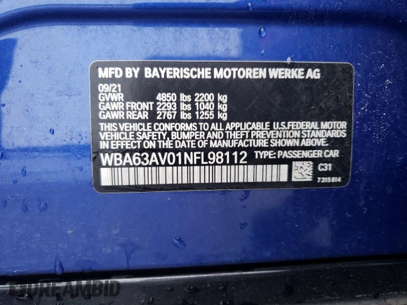 2022 BMW 4 Series 430i with VIN WBA63AV01NFL98112, listed as a Copart auction lot 56421085 with Not provided miles and Salvage title. Bid and sale history available at DreamBid. Image 12.