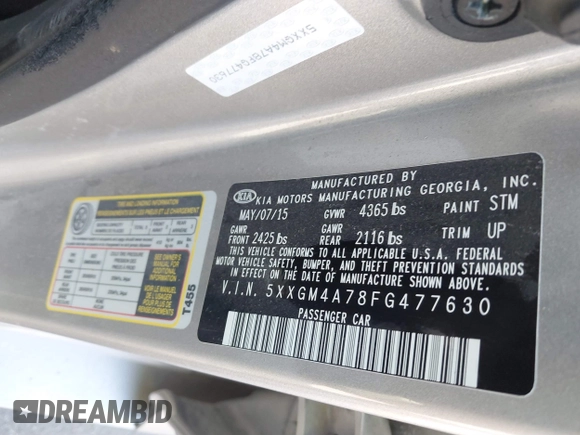 2015 Kia Optima LX with VIN 5XXGM4A78FG477630, listed as a IAAI auction lot 41771874 with 107,065 mi miles and . Bid and sale history available at DreamBid. Image 9.