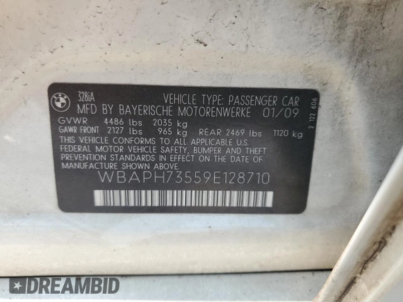 2009 BMW 3 Series 328i with VIN WBAPH73559E128710, listed as a Copart auction lot 59274055 with 105,399 mi miles and Salvage title. Bid and sale history available at DreamBid. Image 12.