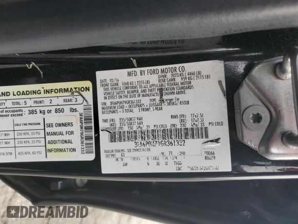 2016 Ford Fusion SE with VIN 3FA6P0H79GR361332, listed as a Copart auction lot 52999745 with 172,878 mi miles and Salvage Title. Bid and sale history available at DreamBid. Image 12.
