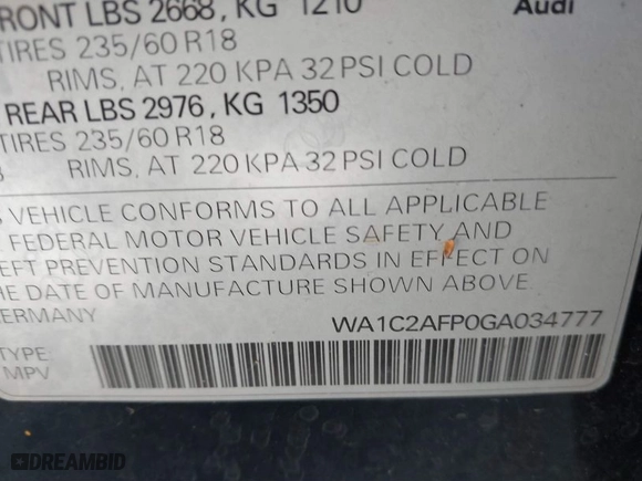 2016 Audi Q5 Premium with VIN WA1C2AFP0GA034777, listed as a IAAI auction lot 41827192 with 139,365 mi miles. Bid and sale history available at carsss.com. Image 9.