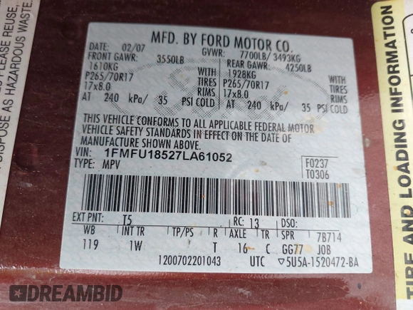 2007 Ford Expedition Eddie Bauer with VIN 1FMFU18527LA61052, listed as a IAAI auction lot 42358316 with 163,531 mi miles and . Bid and sale history available at DreamBid. Image 9.