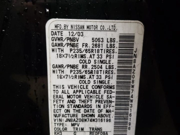 2004 Nissan Murano SL with VIN JN8AZ08W74W316196, listed as a Copart auction lot 80337184 with 209,137 mi miles and Salvage Title. Bid and sale history available at carsss.com. Image 12.