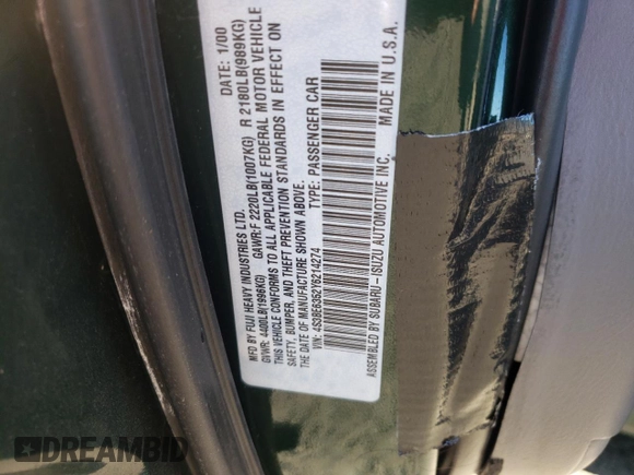 2000 Subaru Legacy L with VIN 4S3BE6352Y6214274, listed as a Copart auction lot 77827604 with 117,520 mi miles and Salvage title. Bid and sale history available at DreamBid. Image 14.