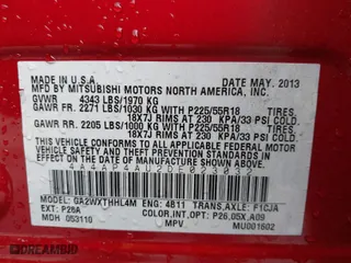 2013 Mitsubishi Outlander Sport SE with VIN 4A4AP4AU2DE023032, listed as a IAAI auction lot 42075266 with 65,103 mi miles. Bid and sale history available at carsss.com. Image 9.
