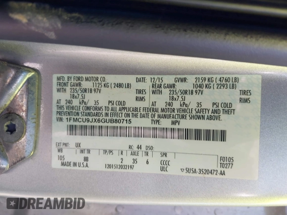 2016 Ford Escape Titanium with VIN 1FMCU9JX6GUB80715, listed as a IAAI auction lot 42060305 with 132,951 mi miles and . Bid and sale history available at DreamBid. Image 9.