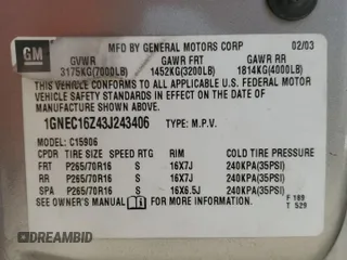 2003 Chevrolet Suburban LT with VIN 1GNEC16Z43J243406, listed as a Copart auction lot 49070355 with 0 mi miles and Non Repairable. Bid and sale history available at carsss.com. Image 13.