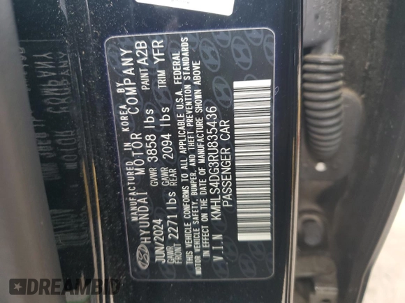 2024 Hyundai Elantra SEL with VIN KMHLS4DG3RU835436, listed as a Copart auction lot 57884035 with 10,333 mi miles and Clean title. Bid and sale history available at DreamBid. Image 12.