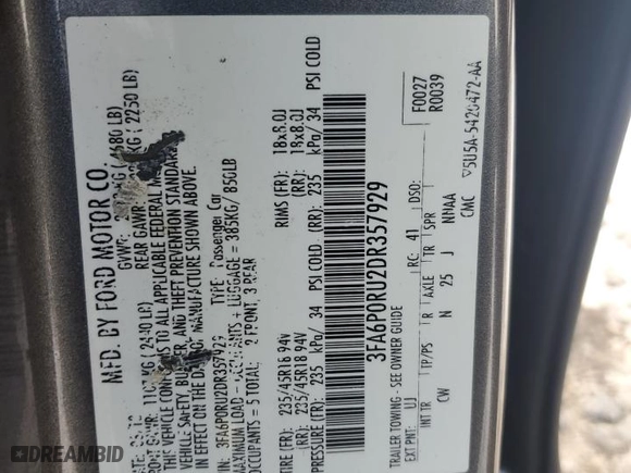 2013 Ford Fusion Titanium Hybrid with VIN 3FA6P0RU2DR357929, listed as a Copart auction lot 86152064 with 142,079 mi miles and Clean Title. Bid and sale history available at carsss.com. Image 14.