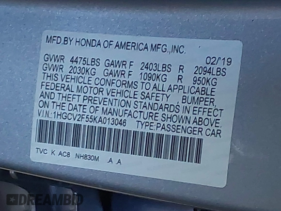 2019 Honda Accord EX-L with VIN 1HGCV2F55KA013046, listed as a IAAI auction lot 41511117 with 113,228 mi miles and . Bid and sale history available at DreamBid. Image 9.