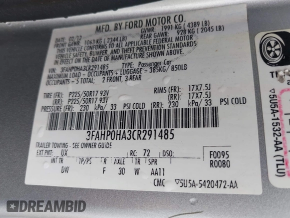 2012 Ford Fusion SE with VIN 3FAHP0HA3CR291485, listed as a IAAI auction lot 42029338 with 153,217 mi miles and . Bid and sale history available at DreamBid. Image 9.