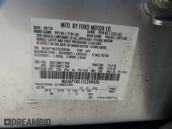 2018 Ford EcoSport Titanium z VIN MAJ6P1WL1JC249426, wystawiony jako Copart lot #49424845 z przebiegiem 69 361 mil mil oraz Szkoda całkowita • Salvage title. Historia ofert i sprzedaży dostępna na DreamBid. Obrazek 13.