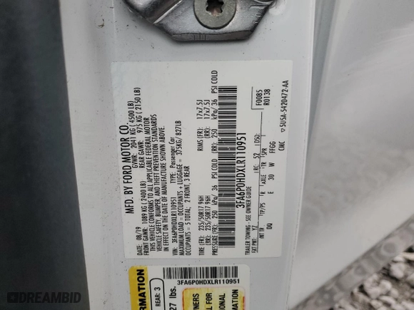 2020 Ford Fusion SE with VIN 3FA6P0HDXLR110951, listed as a Copart auction lot 88702955 with 0 mi miles and Salvage Title. Bid and sale history available at carsss.com. Image 14.