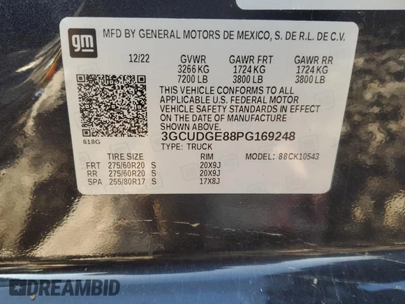 2023 Chevrolet Silverado 1500 LTZ with VIN 3GCUDGE88PG169248, listed as a Copart auction lot 44222615 with 0 mi miles and Salvage Title. Bid and sale history available at carsss.com. Image 14.