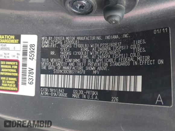 2011 Toyota Sienna XLE AAS z VIN 5TDYK3DC9BS114078, wystawiony jako IAAI lot #42434853 z przebiegiem 301 384 mil mil oraz . Historia ofert i sprzedaży dostępna na DreamBid. Obrazek 9.