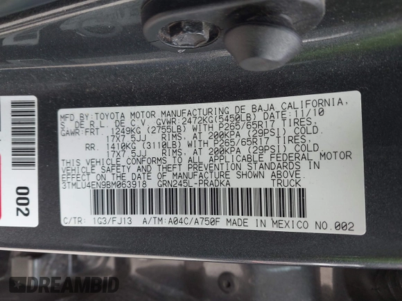 2011 Toyota Tacoma with VIN 3TMLU4EN9BM063918, listed as a IAAI auction lot 41661515 with 125,821 mi miles and . Bid and sale history available at DreamBid. Image 9.