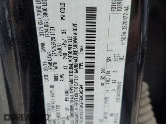 2016 Ford F-150 XLT z VIN 1FTEW1EF0GFB69594, wystawiony jako Copart lot #57850475 z przebiegiem Nie podano mil oraz Szkoda całkowita • Salvage title. Historia ofert i sprzedaży dostępna na DreamBid. Obrazek 12.