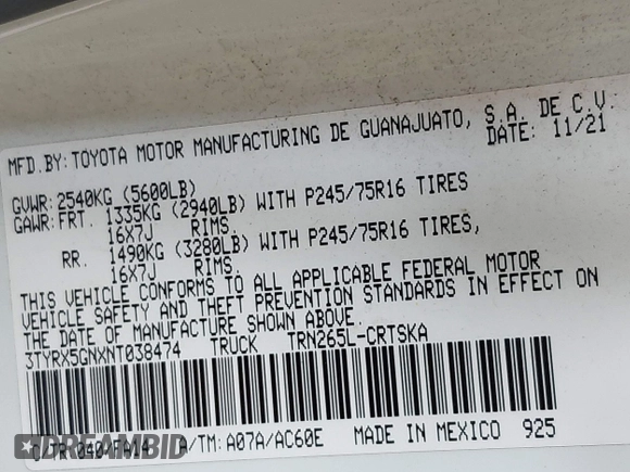 2022 Toyota Tacoma SR with VIN 3TYRX5GNXNT038474, listed as a IAAI auction lot 42090753 with 142,590 mi miles and . Bid and sale history available at DreamBid. Image 9.