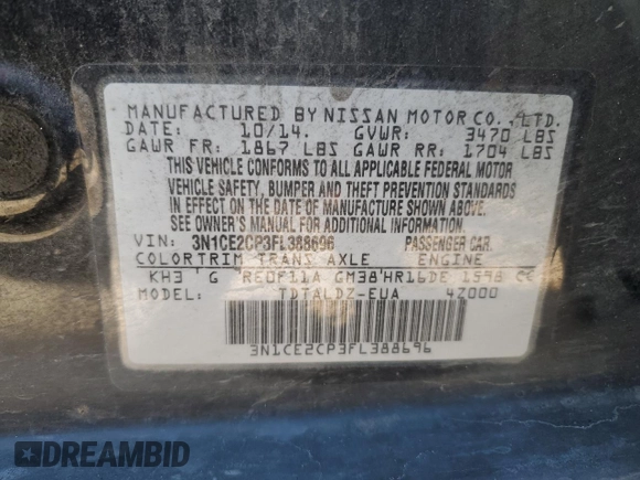 2015 Nissan Note SV with VIN 3N1CE2CP3FL388696, listed as a Copart auction lot 46659845 with 152,093 mi miles and Salvage Title. Bid and sale history available at DreamBid. Image 12.