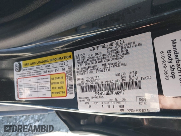 2015 Ford Fusion SE Hybrid with VIN 3FA6P0LU8FR148917, listed as a IAAI auction lot 41876627 with 253,952 mi miles. Bid and sale history available at carsss.com. Image 9.