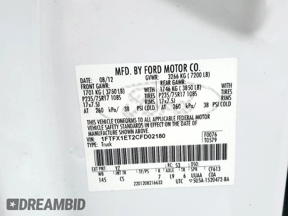 2012 Ford F-150 XL with VIN 1FTFX1ET2CFD02180, listed as a Copart auction lot 61810405 with 218,459 mi miles and Clean title. Bid and sale history available at DreamBid. Image 14.