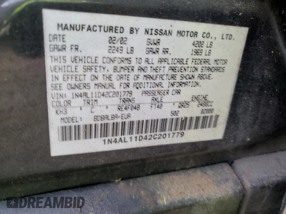 2002 Nissan Altima SL with VIN 1N4AL11D42C201779, listed as a Copart auction lot 76189094 with 65,147 mi miles and Salvage Title. Bid and sale history available at carsss.com. Image 13.