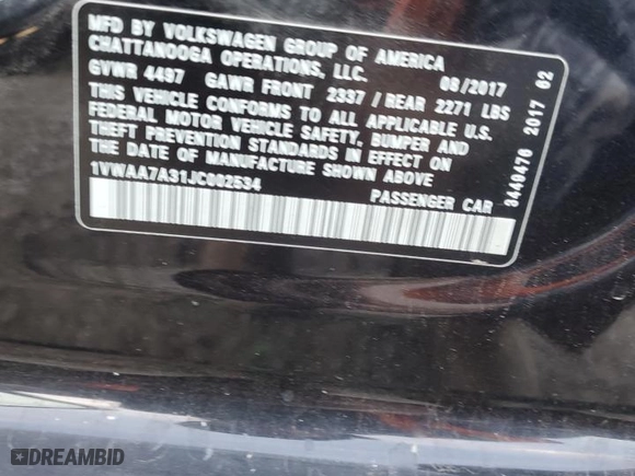 2018 Volkswagen Passat 2.0T S with VIN 1VWAA7A31JC002534, listed as a Copart auction lot 85221344 with 100,934 mi miles and Salvage Title. Bid and sale history available at carsss.com. Image 12.