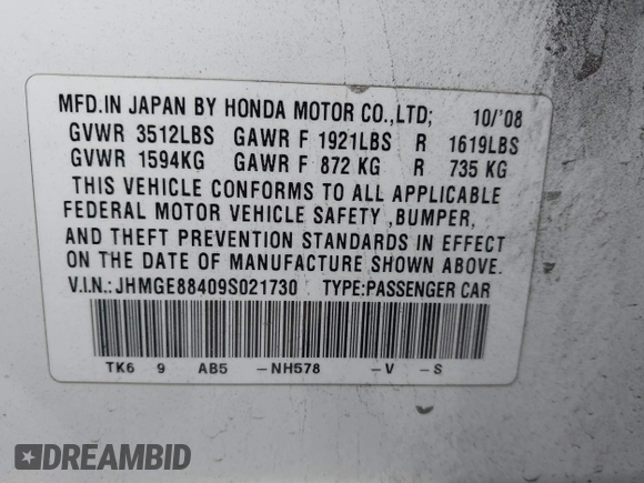 2009 Honda Fit Sport with VIN JHMGE88409S021730, listed as a IAAI auction lot 42045023 with 309,995 mi miles. Bid and sale history available at carsss.com. Image 9.