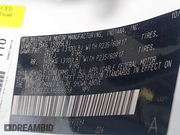 2017 Toyota Sienna LE Auto Access Seat with VIN 5TDKZ3DCXHS896658, listed as a IAAI auction lot 41973933 with 1 mi miles. Bid and sale history available at carsss.com. Image 9.