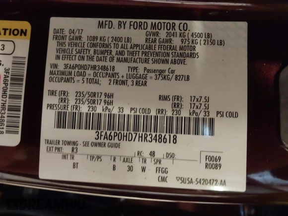 2017 Ford Fusion SE with VIN 3FA6P0HD7HR348618, listed as a IAAI auction lot 42525091 with 63,022 mi miles and . Bid and sale history available at DreamBid. Image 9.