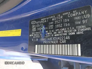 2013 Hyundai Accent GLS with VIN KMHCT4AEXDU422146, listed as a IAAI auction lot 42458301 with 177,335 mi miles and . Bid and sale history available at DreamBid. Image 9.