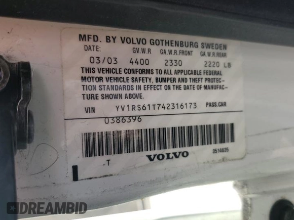 2004 Volvo S60 with VIN YV1RS61T742316173, listed as a Copart auction lot 47857165 with 154,508 mi miles and Salvage Title. Bid and sale history available at carsss.com. Image 12.