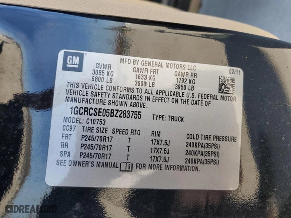 2011 Chevrolet Silverado 1500 LT with VIN 1GCRCSE05BZ283755, listed as a Copart auction lot 41523594 with 152,850 mi miles and Salvage Title. Bid and sale history available at carsss.com. Image 14.