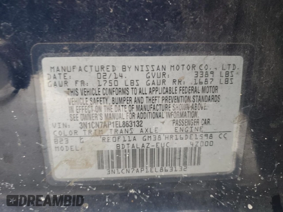 2014 Nissan Versa SV with VIN 3N1CN7AP1EL863132, listed as a Copart auction lot 50722335 with 266,716 mi miles and Non Repairable. Bid and sale history available at DreamBid. Image 13.