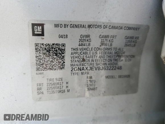2018 Chevrolet Equinox LT with VIN 2GNAXJEV8J6322248, listed as a Copart auction lot 60935805 with 120,249 mi miles and Salvage title. Bid and sale history available at DreamBid. Image 13.