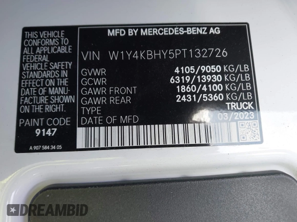 2023 Mercedes-Benz Sprinter Cargo with VIN W1Y4KBHY5PT132726, listed as a IAAI auction lot 41543207 with 23,052 mi miles and . Bid and sale history available at carsss.com. Image 9.