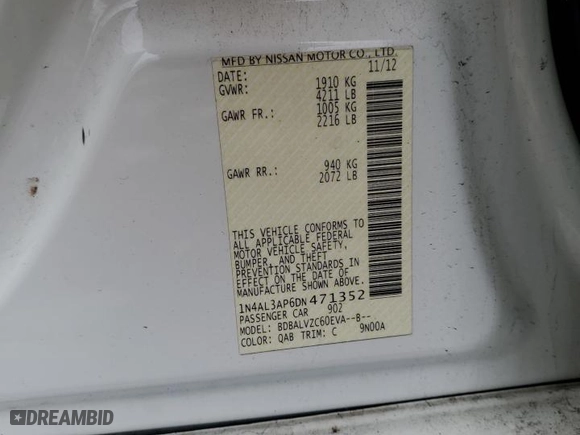 2013 Nissan Altima 2.5 S with VIN 1N4AL3AP6DN471352, listed as a Copart auction lot 52725865 with 167,576 mi miles and Salvage Title. Bid and sale history available at carsss.com. Image 13.