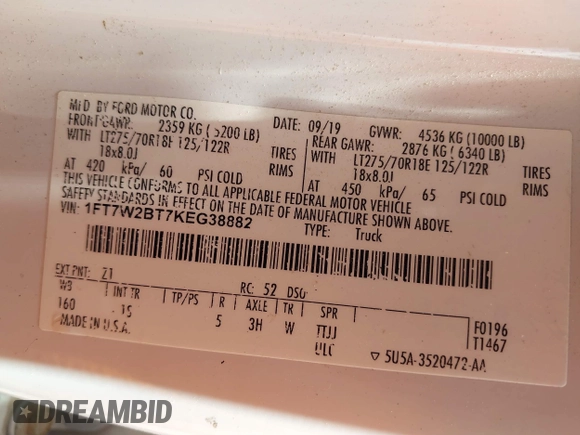 2019 Ford F-250 XL with VIN 1FT7W2BT7KEG38882, listed as a IAAI auction lot 42575702 with Not provided miles and . Bid and sale history available at DreamBid. Image 9.