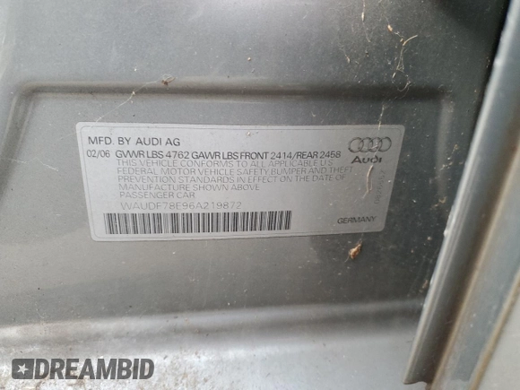 2006 Audi A4 2.0T with VIN WAUDF78E96A219872, listed as a Copart auction lot 41741895 with 190,212 mi miles and Salvage Title. Bid and sale history available at carsss.com. Image 12.