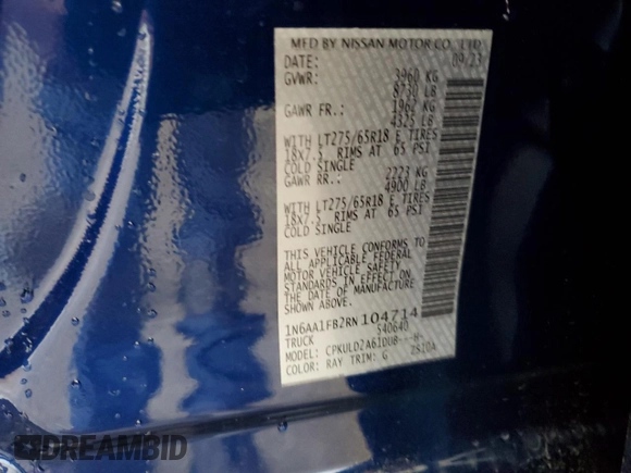 2024 Nissan Titan SV with VIN 1N6AA1FB2RN104714, listed as a Copart auction lot 56576955 with 25,800 mi miles and Salvage title. Bid and sale history available at DreamBid. Image 12.
