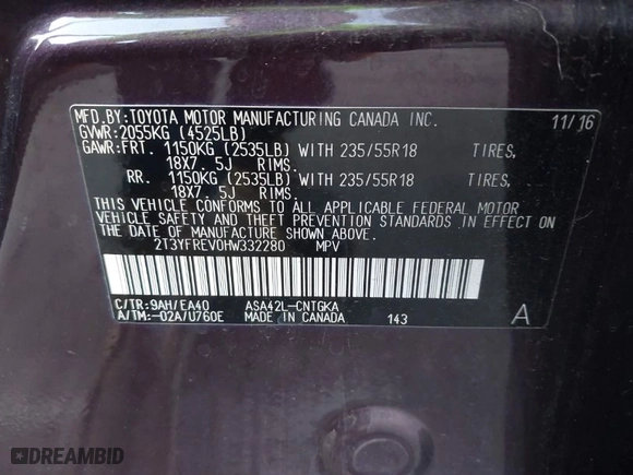 2017 Toyota RAV4 Limited with VIN 2T3YFREV0HW332280, listed as a IAAI auction lot 41975756 with 18,042 mi miles. Bid and sale history available at carsss.com. Image 9.
